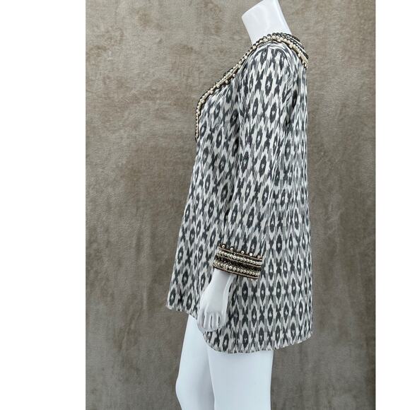 Calyso St Barth Top Women Small Gray Cream Tunic Cotton Beaded Sheer Beachy Boho - Picture 4 of 8